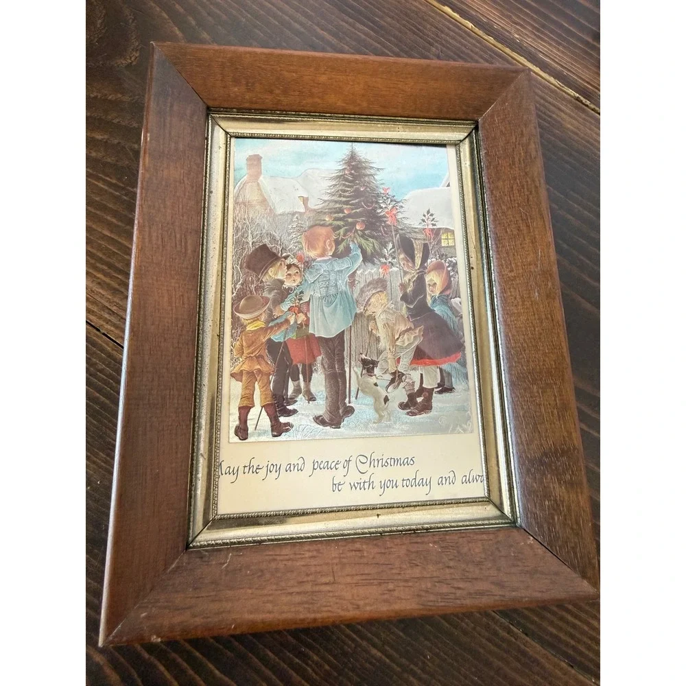 Vintage Christmas Framed Holographic Christmas Card Wood Frame 5x7